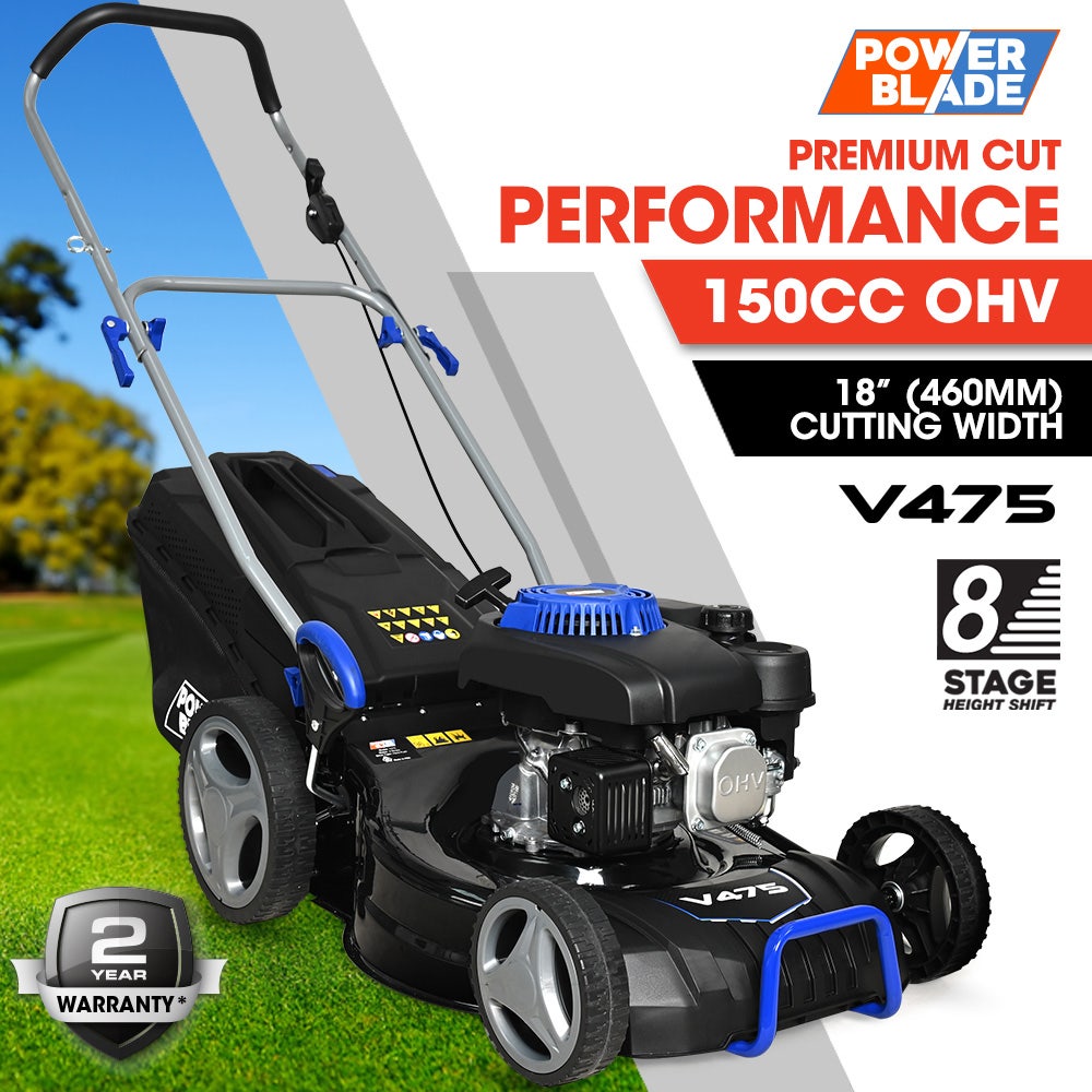 POWERBLADE 18" 150cc Lawn Mower, 8 Height, Steel Deck, 4-Stroke Petrol Lawnmower - V475