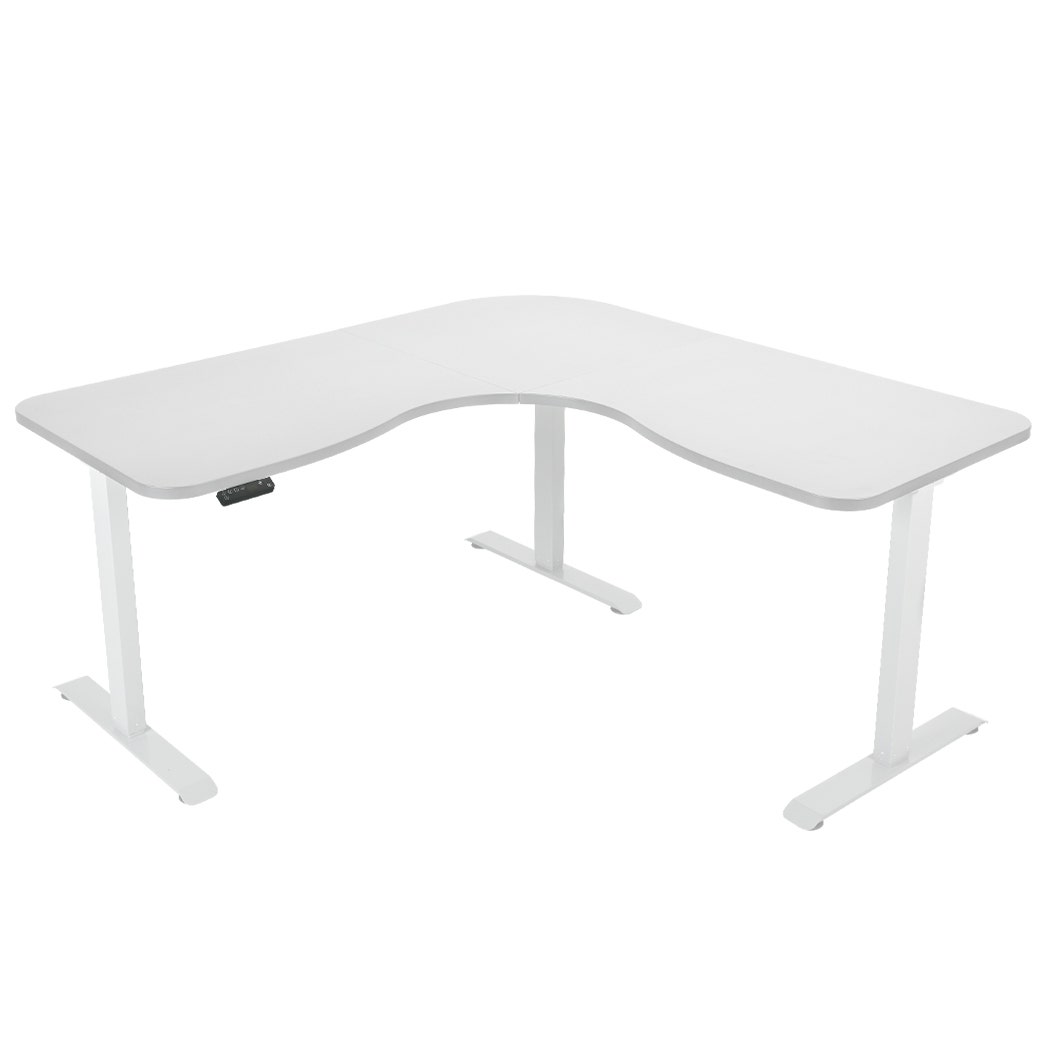 FORTIA Corner Standing Desk, 1730W x 1730W x 750D, 3 Motors, 120kg Load, Sit to Stand Up Electric Height Adjustable, White/White Frame
