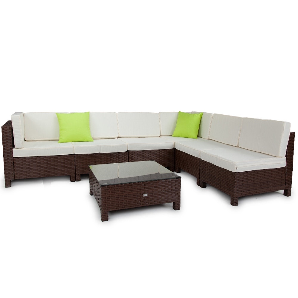 LONDON RATTAN Modular Sofa Outdoor Lounge Set 7pc Wicker Brown Beige