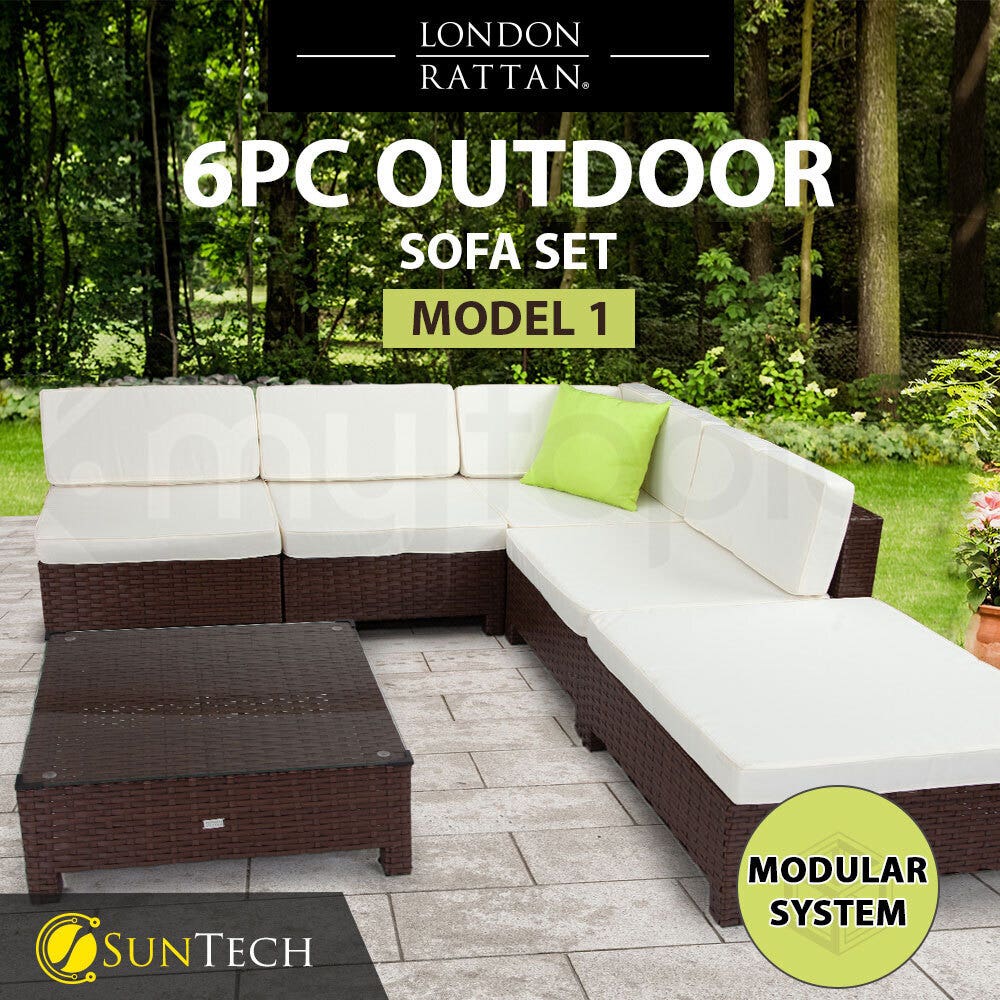 LONDON RATTAN Modular Sofa Outdoor Lounge Set 6pc Wicker Brown Cream