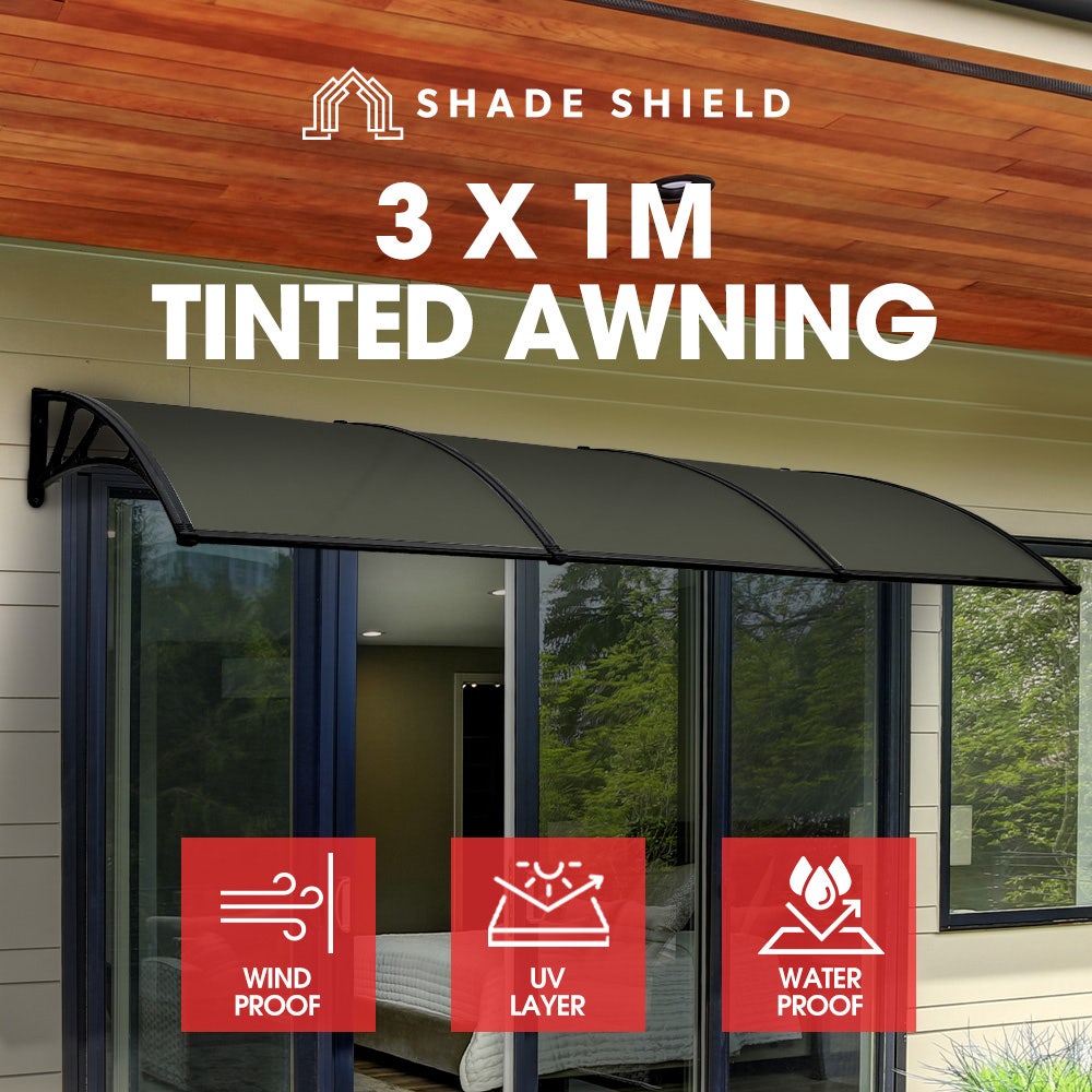 SHADE SHIELD 3x1m Exterior Awning, Black DIY External UV Rain Protection Grey Tinted Polycarbonate Canopy Cover