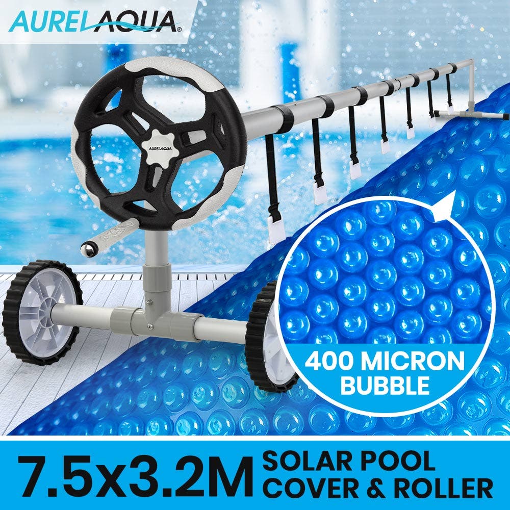 AURELAQUA Pool Roller Cover and 7.5x3.2m Solar Blanket 400 Micron, Blue