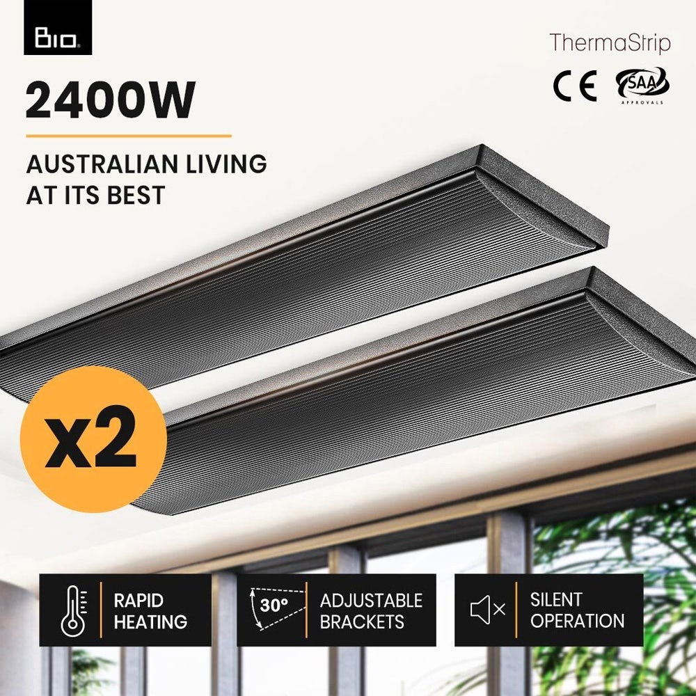 2 x BIO 2400W Outdoor Strip Heater, Radiant Electric Slimline Heat Bar Panel, 10A Plug