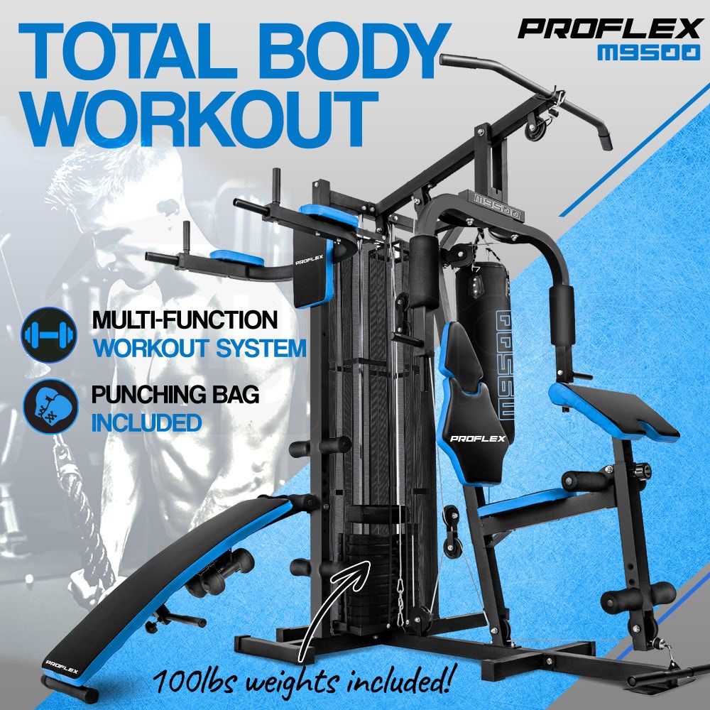Proflex Blue Multi Station Home Gym Set with 100lbs Plates & Punching Bag- M9500