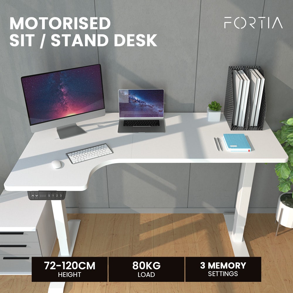 FORTIA L-Shape Standing Desk, 1450W x 600D x 850D, Dual Motor, 80kg Load, Sit to Stand Up Electric Height Adjustable, Left-Hand Sided, White/White Frame