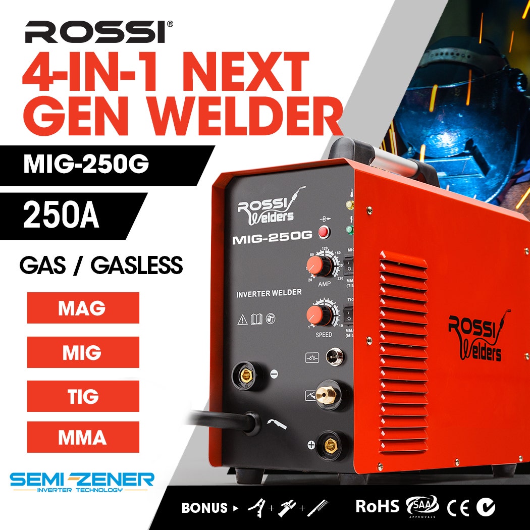 ROSSI 250Amp MAG MIG TIG MMA Welder, 4in1 Stick GMAW ARC Gas Gasless Inverter Welding Machine, 15A Plug