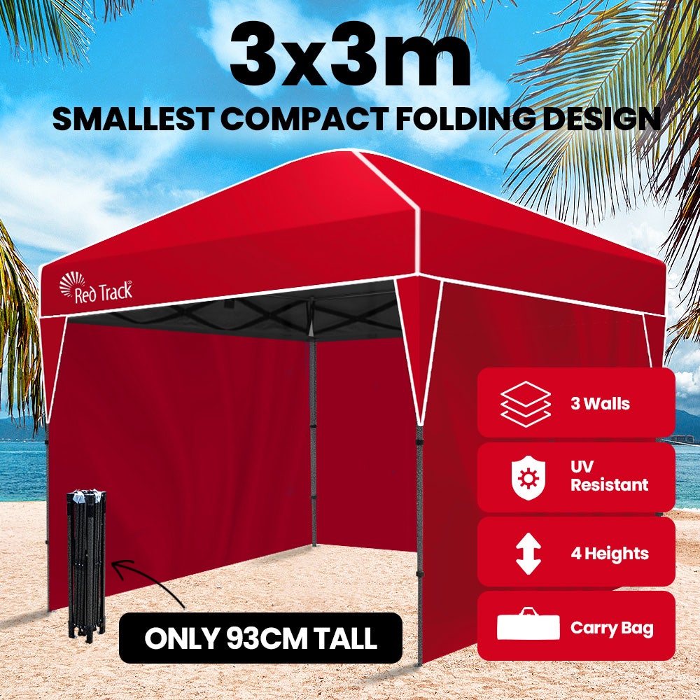 RED TRACK 3x3m Ultra Compact Folding Gazebo, Walls, Carry bag, Portable Outdoor Popup Marquee for Camping Beach, Red