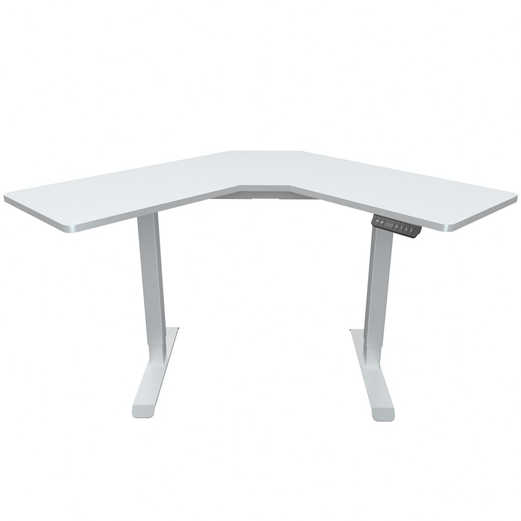 FORTIA Corner Standing Desk, 980W x 980W x 480D, Dual Motor, 80kg Load, Sit to Stand Up Electric Height Adjustable, White/White Frame