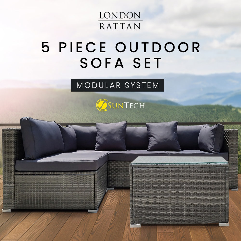 LONDON RATTAN 5 Piece 4 Seater Outdoor Modular Lounge Setting with Coffee Table, Grey