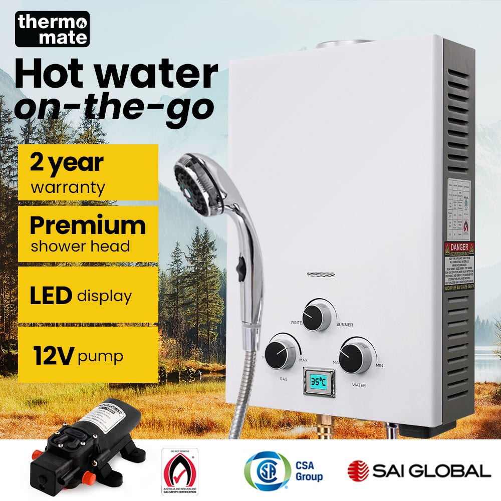 THERMOMATE Portable Gas Outdoor Camping Hot Water Heater System, with 12V Pump, Shower Head, White