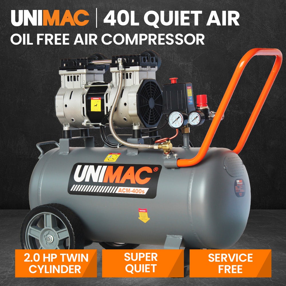 UNIMAC 40L 2.0HP Silent Oil-Free Electric Air Compressor, Portable, Twin Nitto Outlets
