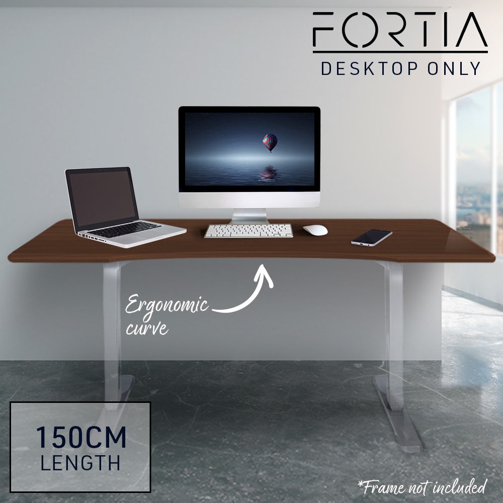 FORTIA 150x70cm Desktop, for a Height Adjustable Desk, Arched Front Design, Premium MDF, Walnut Style