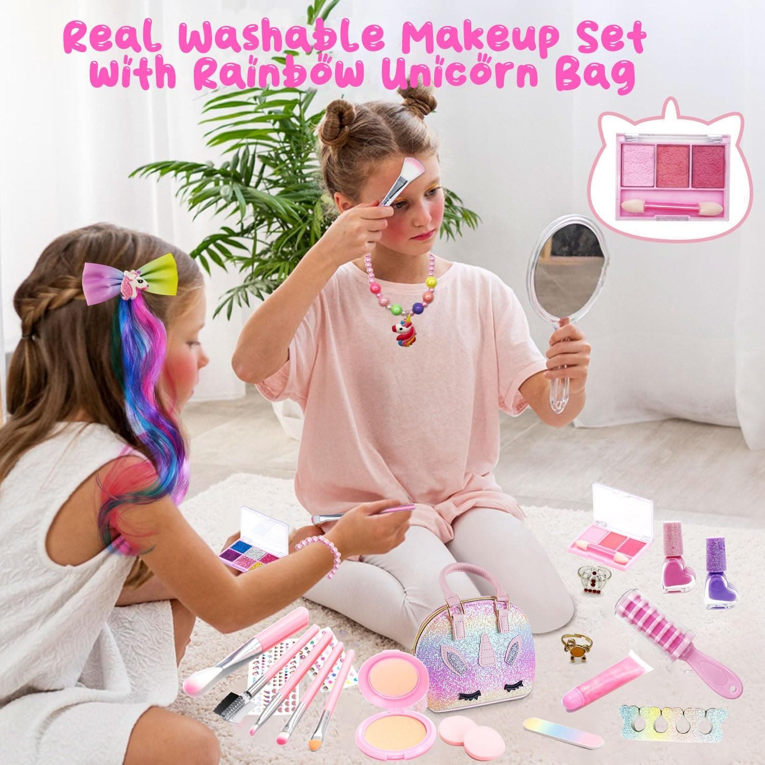 Carla Home Vikus Kids Real Washable Non-Toxic Makeup Kit with Glitter Unicorn Purse