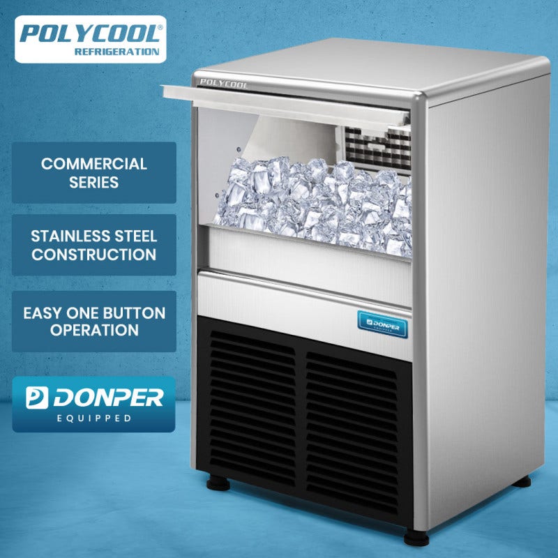 POLYCOOL Commercial Ice Maker Machine, up to 45kg/24hr, Donper Compressor, Undercounter, Freestanding