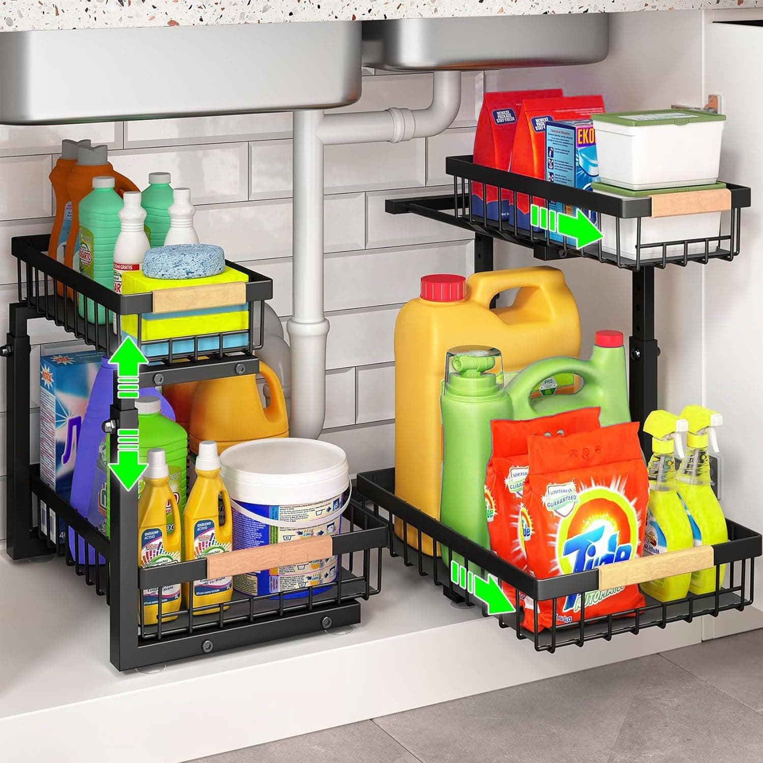 CARLA HOME 2-Tier Height Adjustable Suction Cupped Sliding Under-sink Organiser - Black