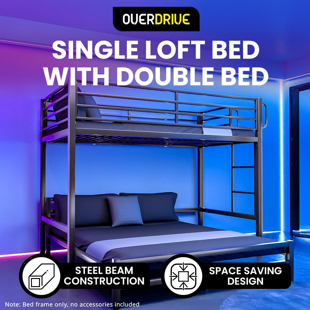 KINGSTON SLUMBER Single Loft Bed And Double Underbed, Multifunctional, Space Saving with Fixed Ladder, Matte Dark Grey