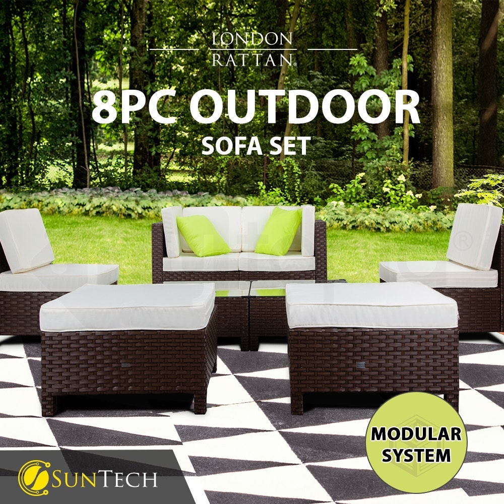 LONDON RATTAN Modular Sofa Outdoor Lounge Set 8pc Wicker Brown Cream