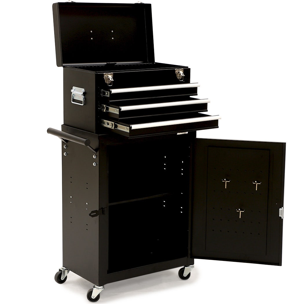 BULLET Pro 3 Drawer Tool Box Cabinet Trolley Storage, with 1-Door Toolbox Garage Organiser Set, Black