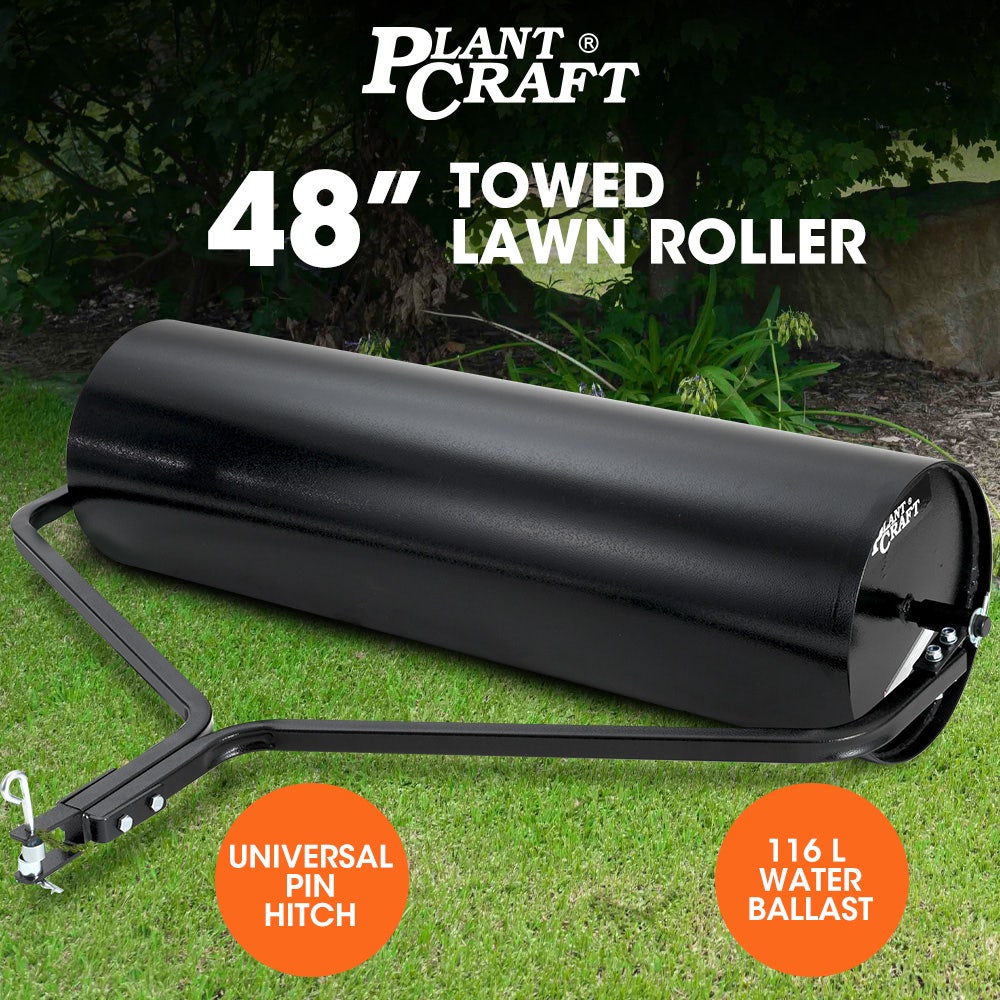 PLANTCRAFT 48" 116L Tow Behind Lawn Roller, Water or Sand Filled, for grass sod, seed, and unlevel ground