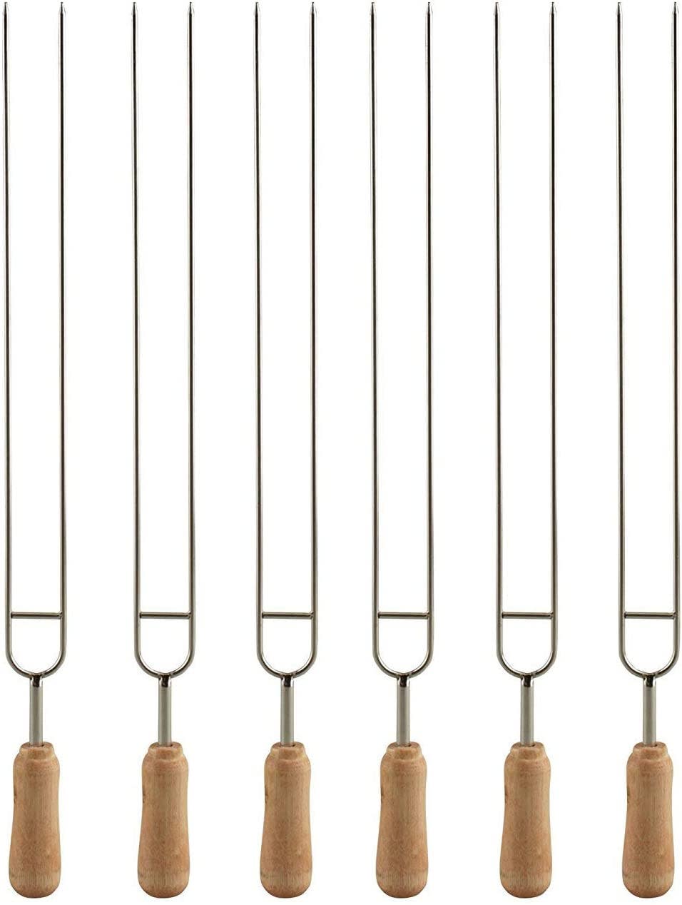 Carla Home Vikus 6Pk Double Prong Stainless Steel Blade with Wooden Handle Barbecue Skewers