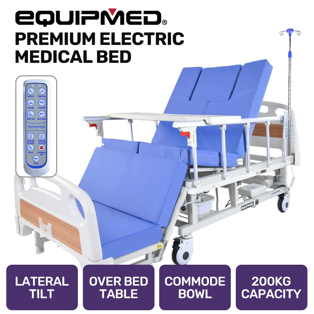 EQUIPMED Electric Medical Bed, w/ Mattress & Over Bed Table, Back and Leg Lifting, Lateral Tilting, Commode Bowl, IV Pole, Home Aged Care or ICU Hospital