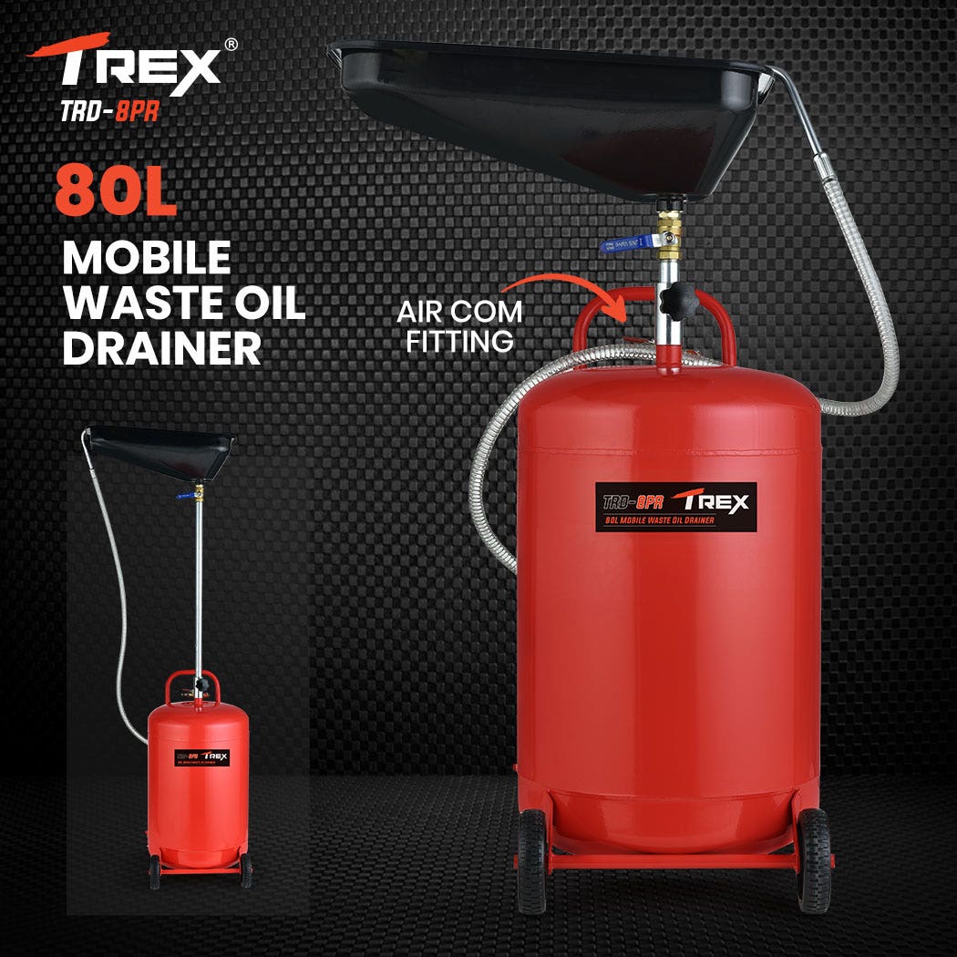 T-REX 80L Mobile Waste Oil Drainer, Telescopic, with Air Compressor Fitting, for Workshop