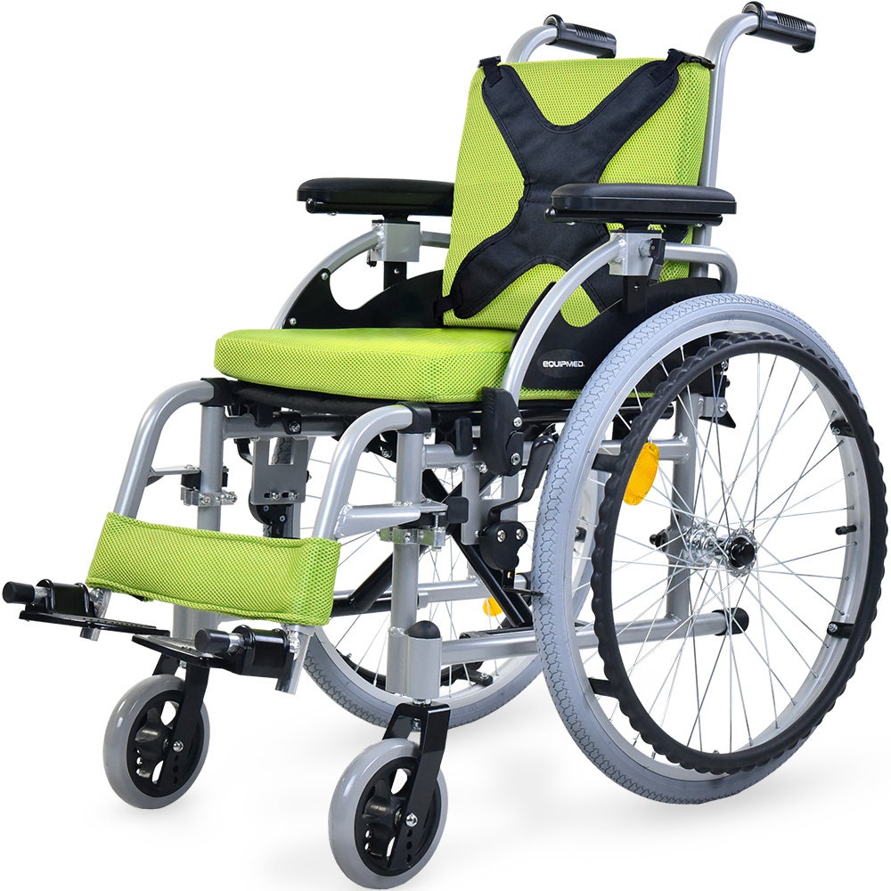 EQUIPMED Kids Premium Paediatric Wheelchair, Lightweight Aluminium, 22" Wheels, 75kg Rated, Green