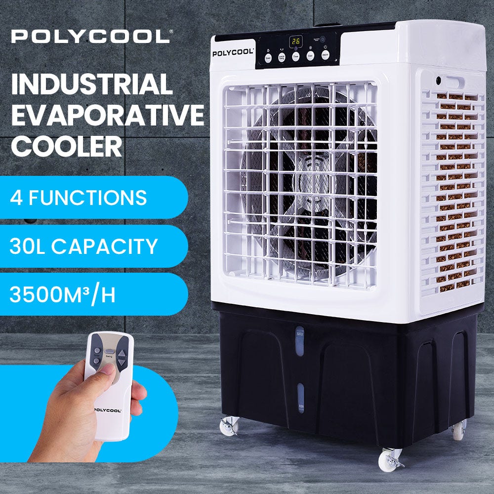 POLYCOOL 30L Evaporative Air Cooler Portable Industrial Fan, Purifier, Humidifier, Remote Control