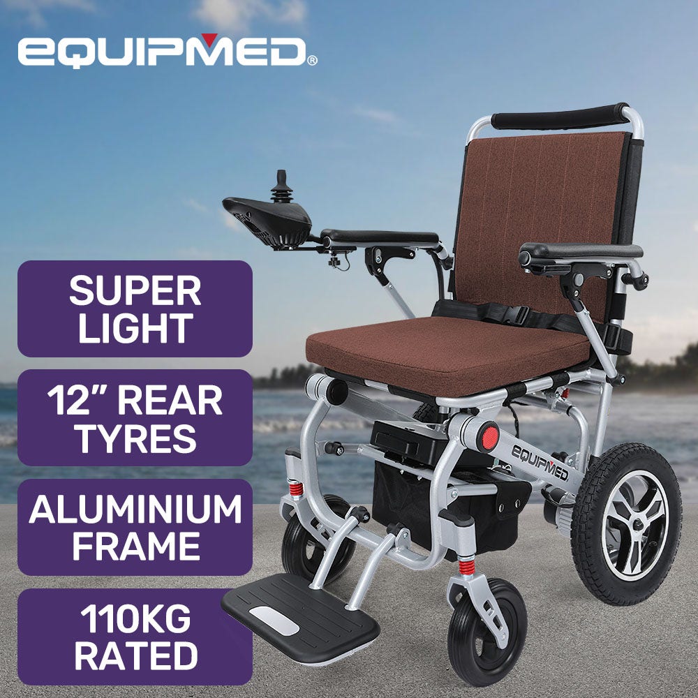EQUIPMED Ultra-Light Power Wheelchair, Tight Turning, Airline Approved, ARTG Certified, Aluminium Frame, Lithium Battery, Brown