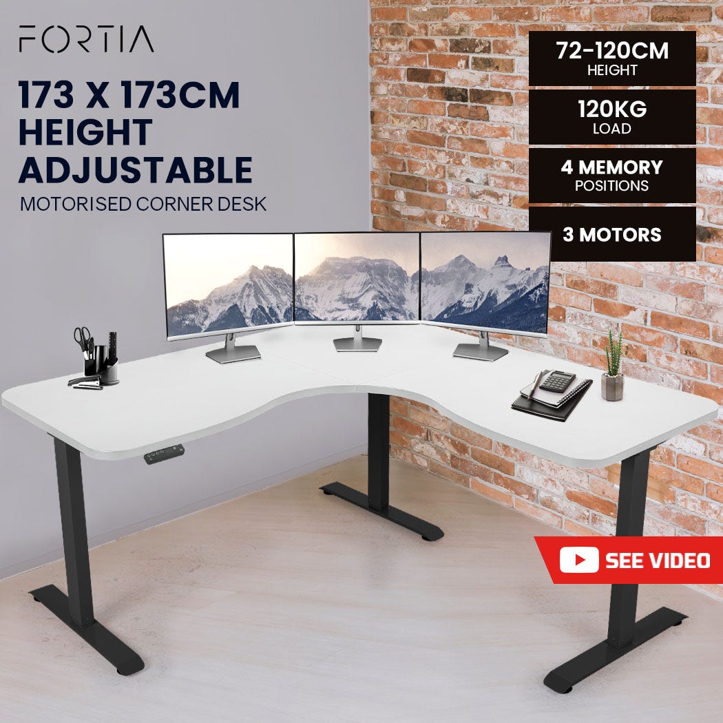 FORTIA Corner Standing Desk, 1730W x 1730W x 750D, 3 Motors, 120kg Load, Sit to Stand Up Electric Height Adjustable, White/Black Frame
