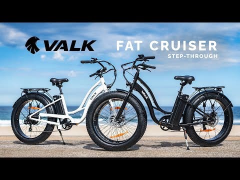 VALK Electric Fat Tyre Cruiser Bike, with Throttle, Step-Through eBike, White