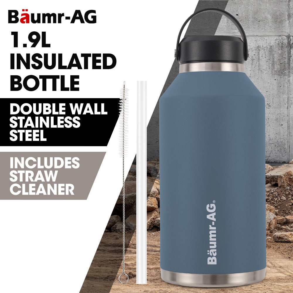 BAUMR-AG 1.9L Double Wall Insulated Stainless Steel Water Bottle, Drink Jug with Handle, Straw Cleaner, Blue