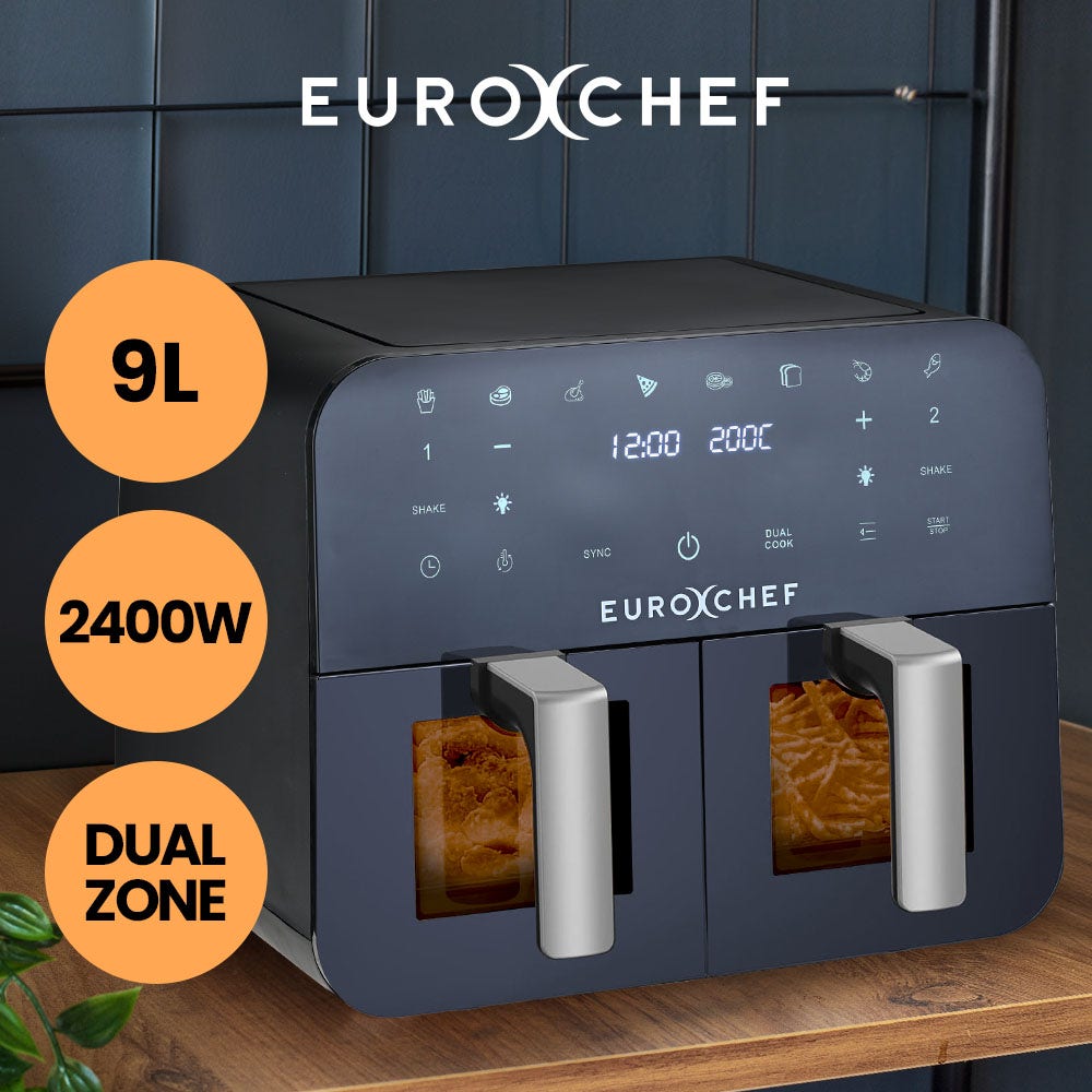 EUROCHEF 9L Dual Zone Air Fryer, Electric Digital Airfryer Twin Drawers, Black/Silver