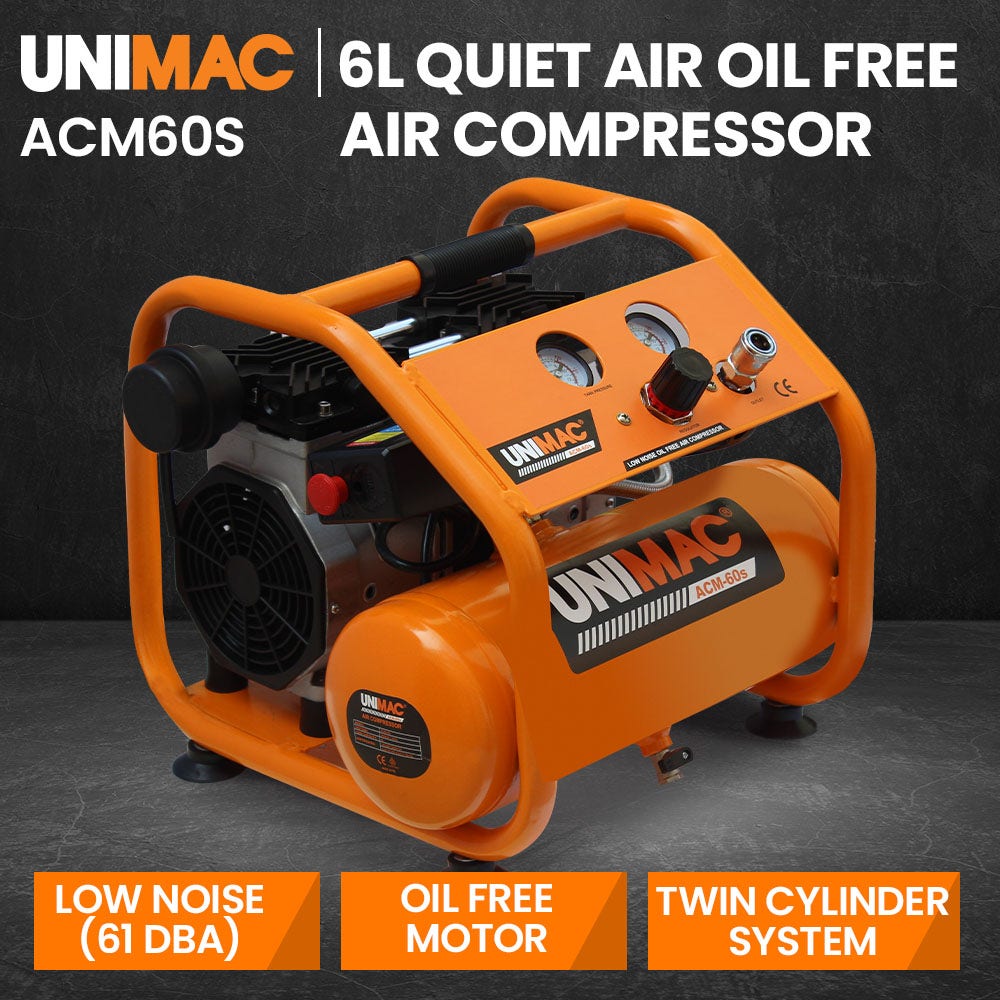 UNIMAC 1.5HP 6L Silent Oil-Free Portable Electric Air Compressor, for Airtools, Tyre Inflation