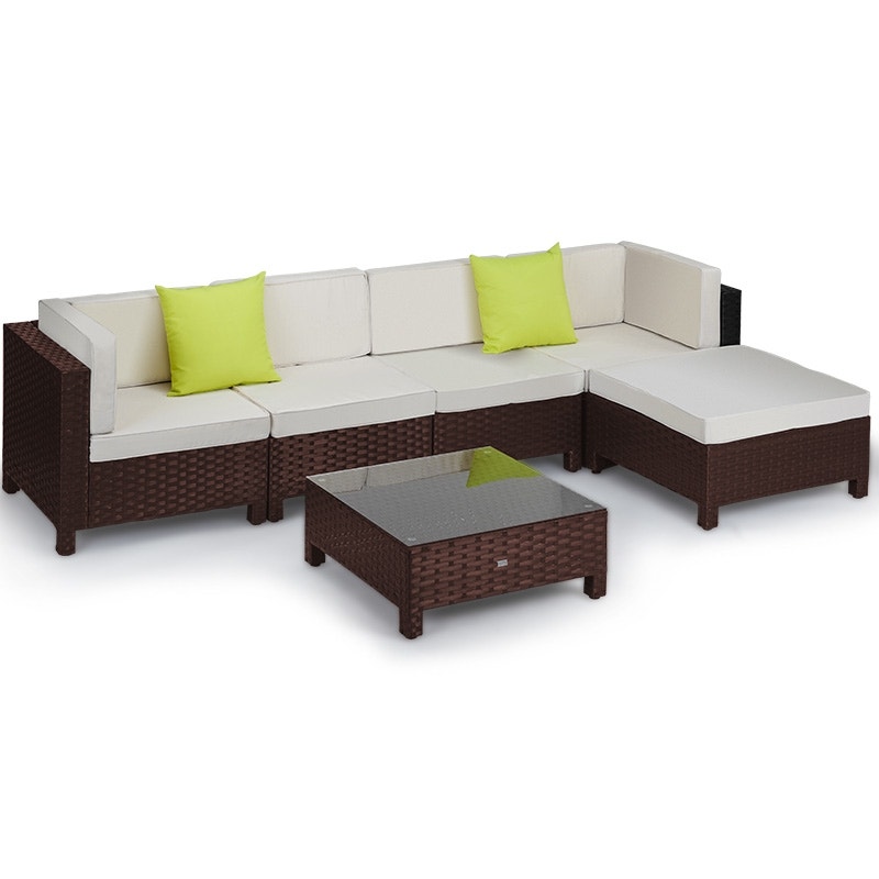 LONDON RATTAN Modular Sofa Outdoor Setting Furniture 6pc Wicker Brown Cream