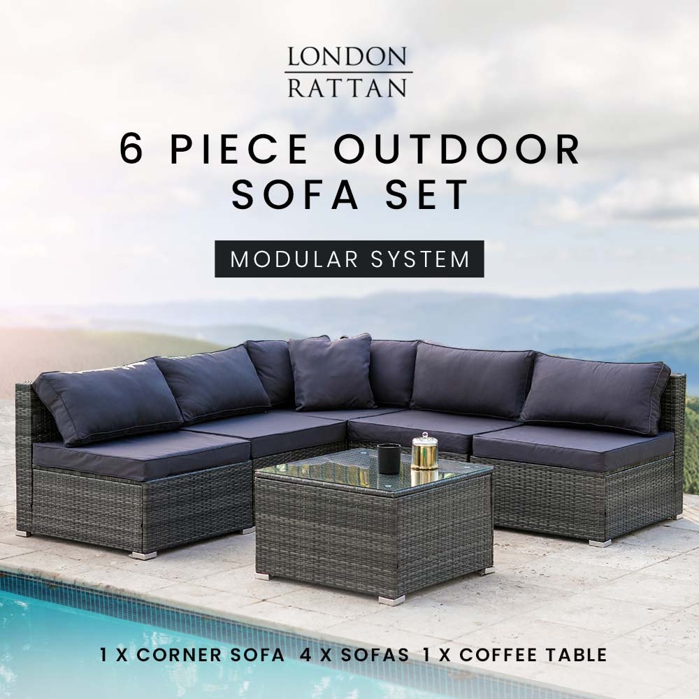 LONDON RATTAN 5 Seater Modular Outdoor Setting Lounge with Coffee Table, Grey