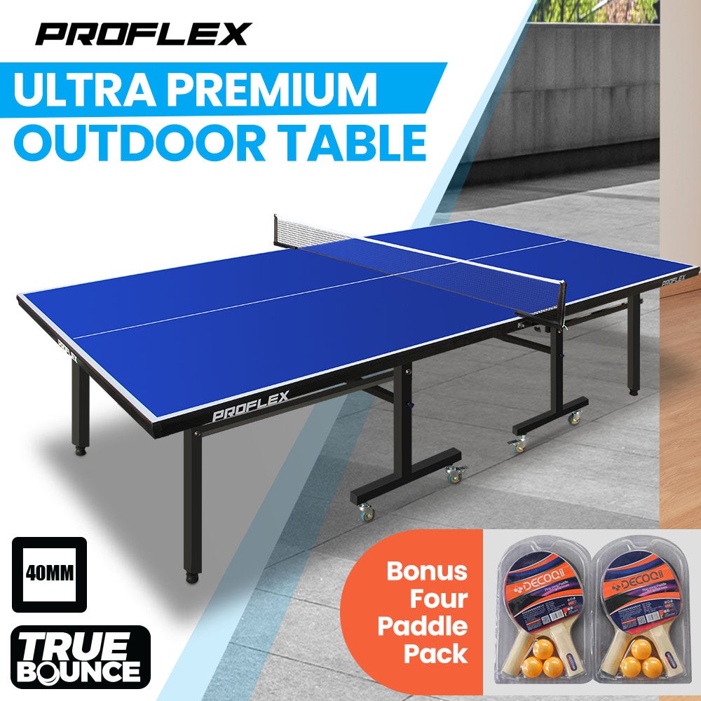 PROFLEX Premium Outdoor Table Tennis Table, with 4 Player Ping Pong Paddle and Pingpong Ball Pack