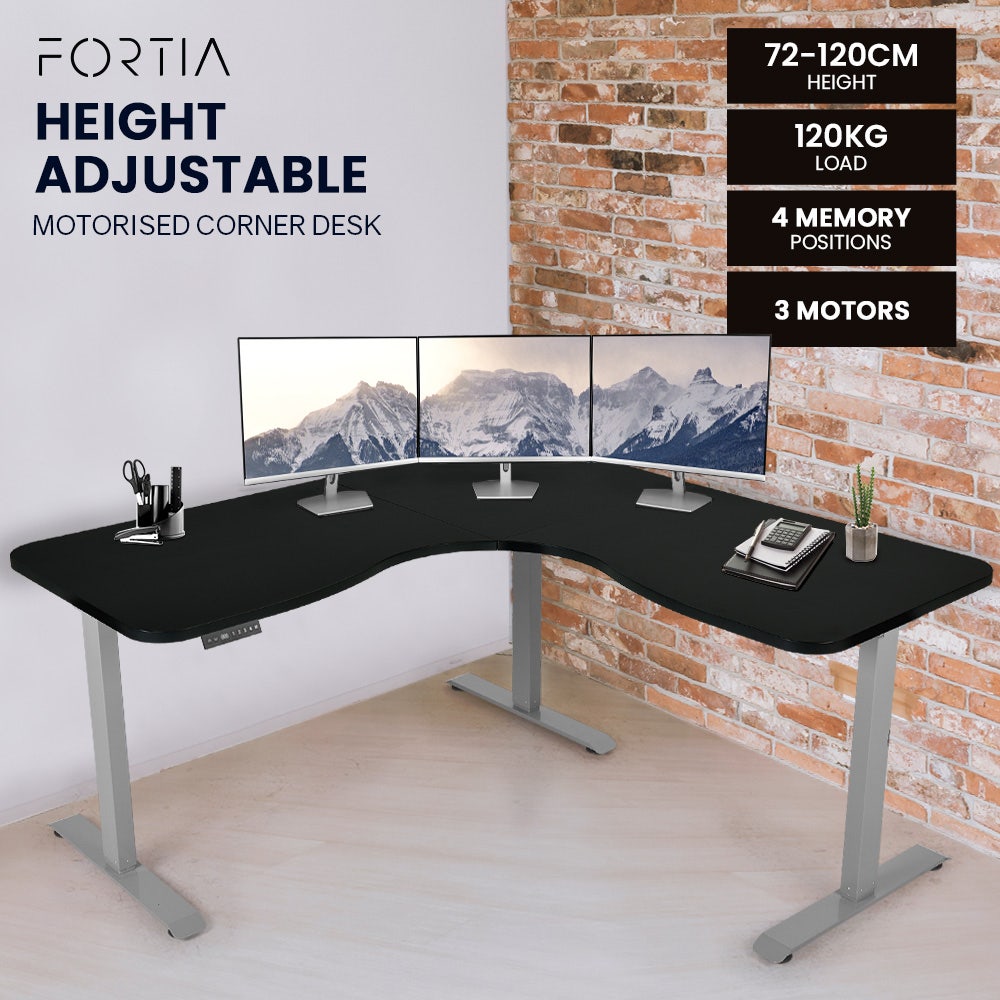 FORTIA Corner Standing Desk, 1730W x 1730W x 750D, 3 Motors, 120kg Load, Sit to Stand Up Electric Height Adjustable, Black/Silver Frame