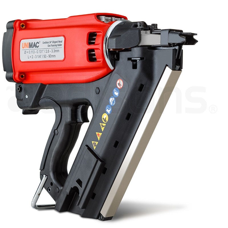 UNIMAC LXG3000 50-90mm 34-Deg Cordless Gas Framing Nail Gun, Commercial Gas Nailer, with 2 Li-Ion Batteries