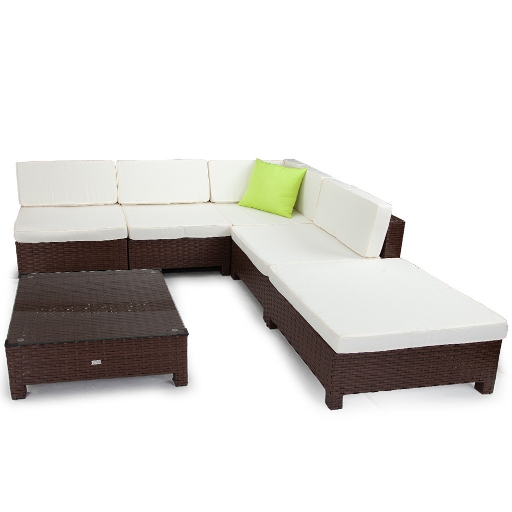 LONDON RATTAN Modular Sofa Outdoor Lounge Set 6pc Wicker Brown Cream