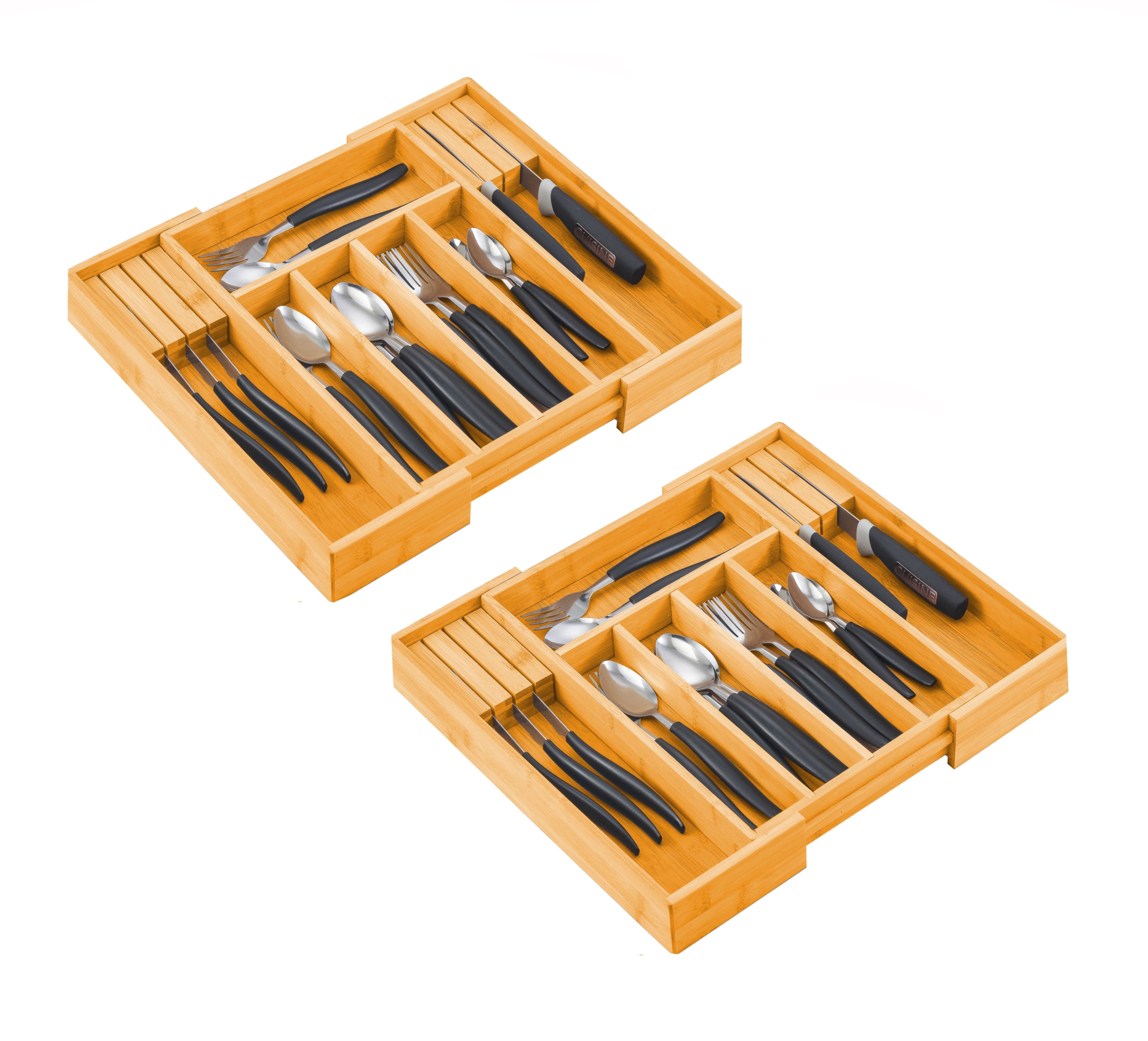 Carla Home Bamboo Integrated Knife Block 2Pk Expandable Drawer Utensil Organiser
