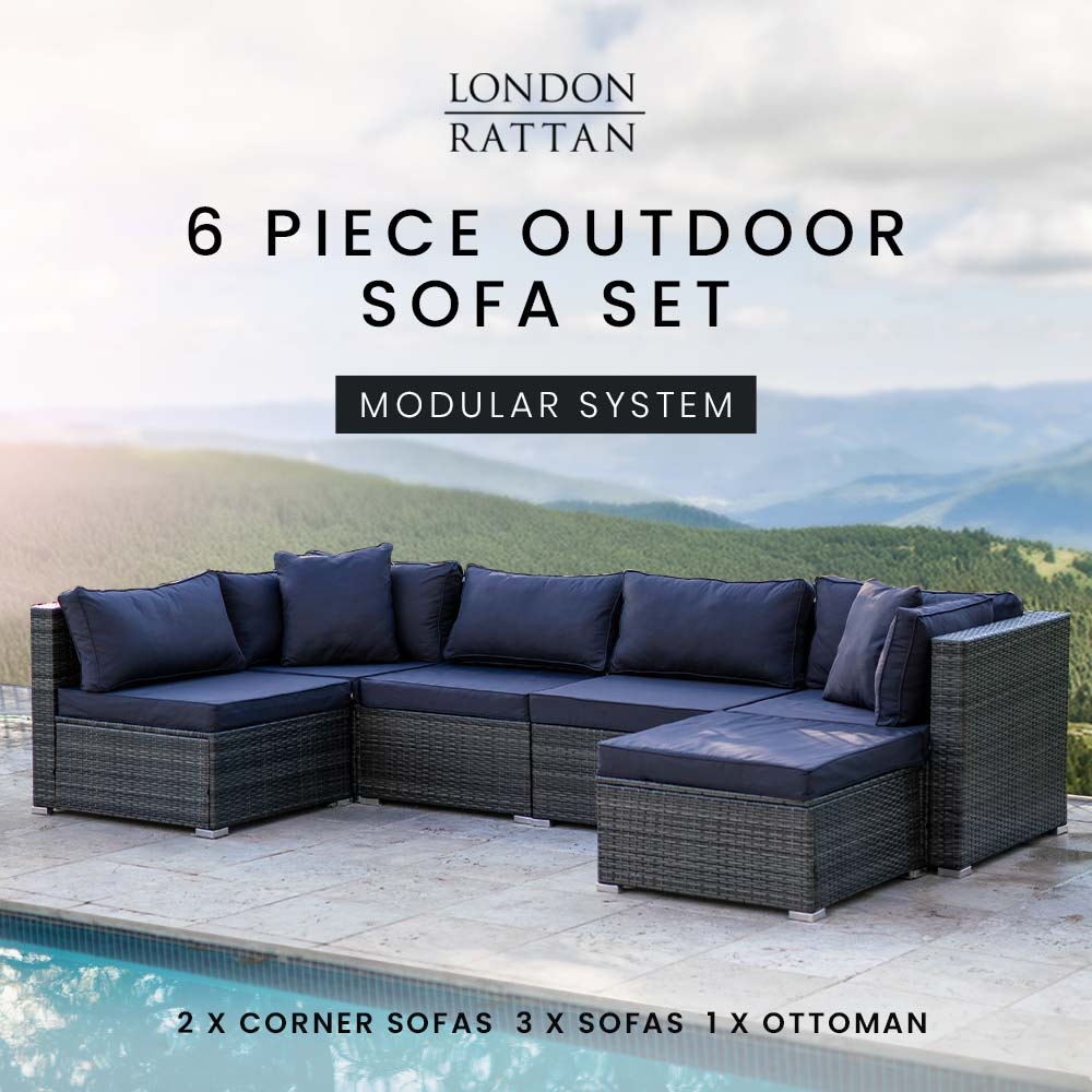 LONDON RATTAN 6 Seater Modular Outdoor Lounge Setting with Ottoman, Grey