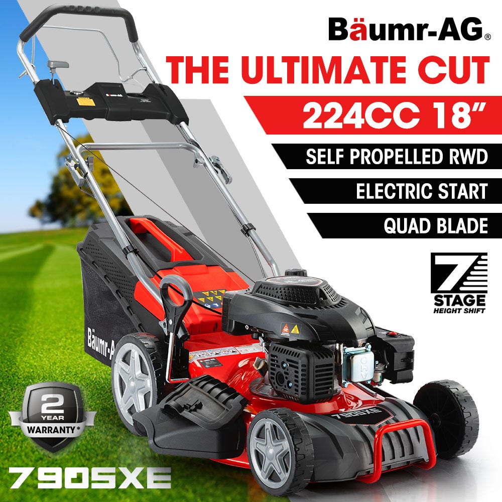 BAUMR-AG 18" 224cc Electric Start Self Propelled Lawn Mower, 7 Height, Steel Deck, 6HP, 4-Stroke Petrol Lawnmower - 790SXe