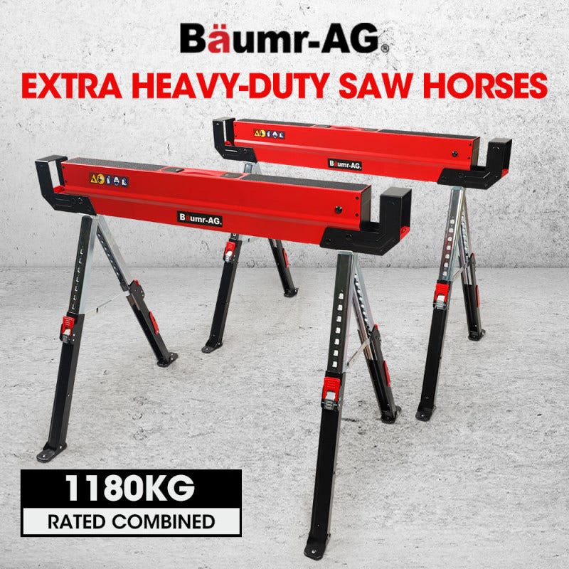 Baumr-AG 2 x Steel Sawhorses, Height Adjustable, 1180kg Capacity, 2x4 Support Arms