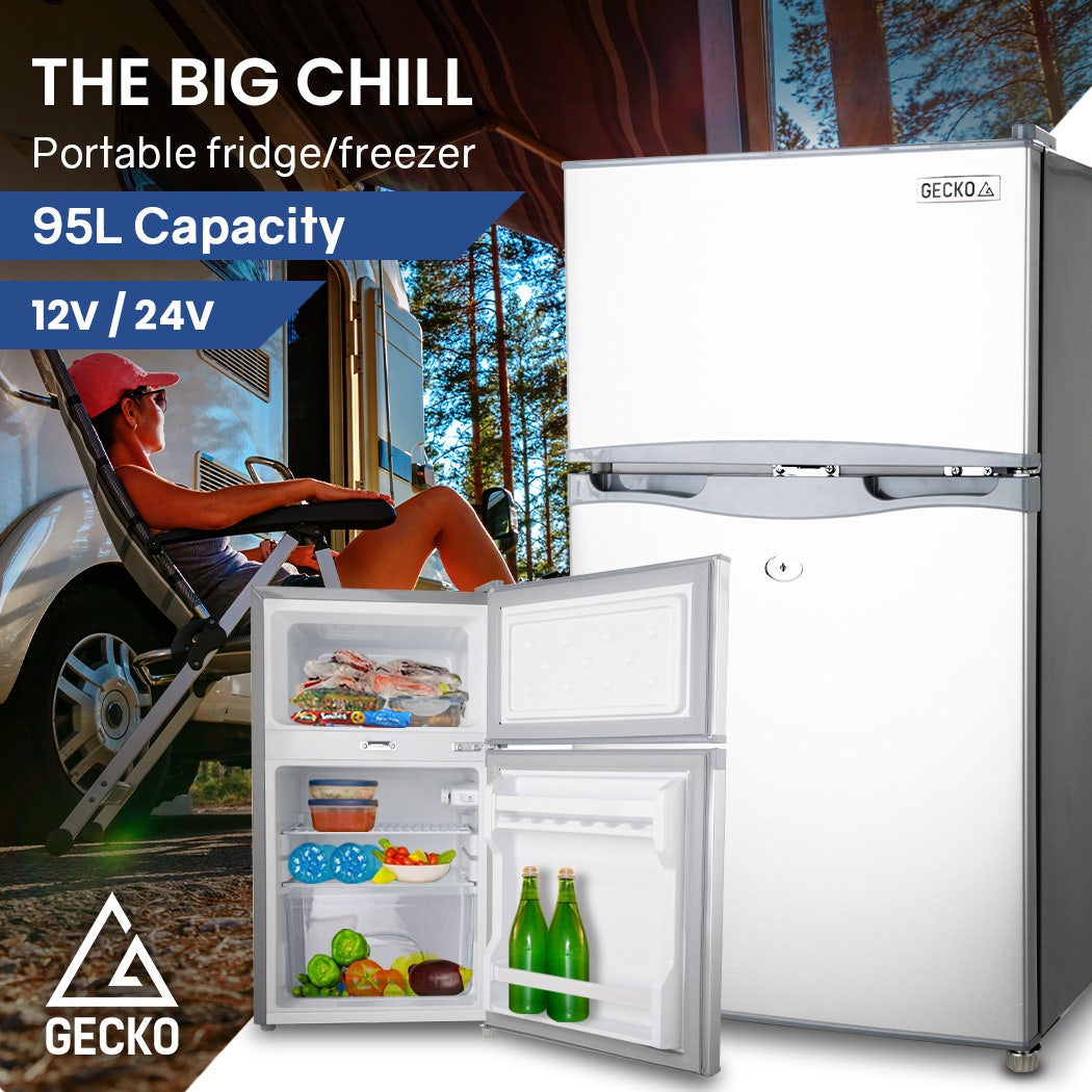 GECKO 95L Portable Upright Fridge, 12V/24V for Motorhome, Caravan, Silver