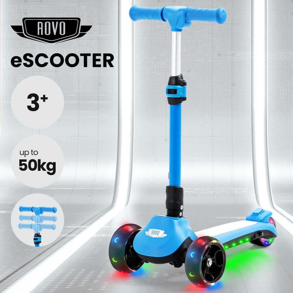 ROVO KIDS 3-Wheel Electric Scooter, Ages 3-8, Adjustable Height, Folding, Lithium Battery, Blue