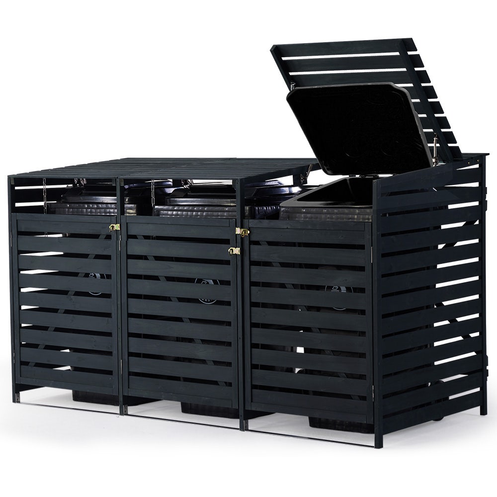 PLANTCRAFT Triple Wood Wheelie Bins Storage Shed, 3 Door Garbage Rubbish Bin Enclosure