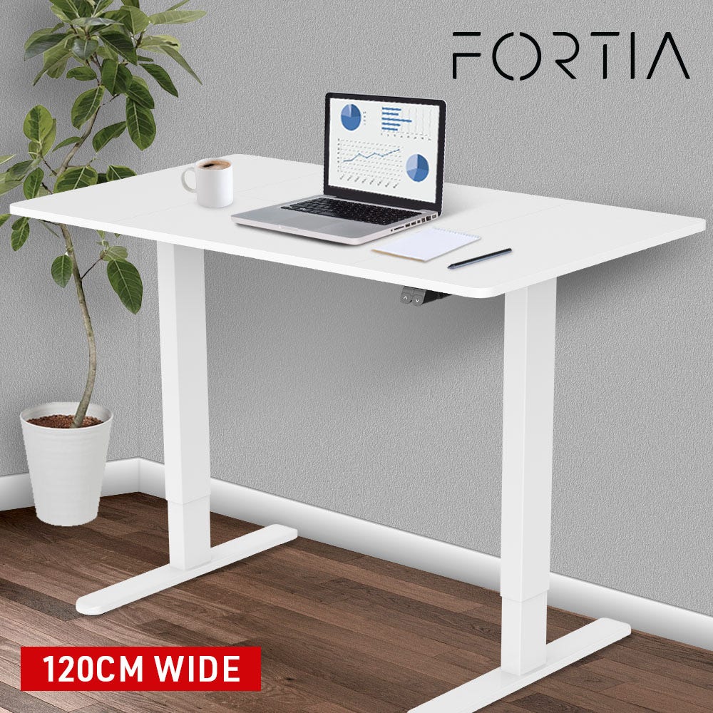 FORTIA Sit To Stand Up Standing Desk, 120x60cm, 72-118cm Electric Height Adjustable, 70kg Rated, White/White Frame