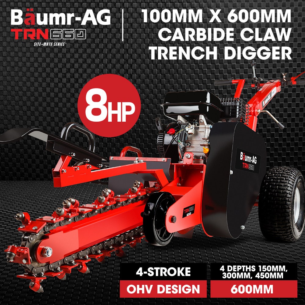 BAUMR-AG TRN660 8HP 600mmx90mm Trench Digger, Heavy-duty Carbide Claws, EZ Start, 8HP, Adj Controls