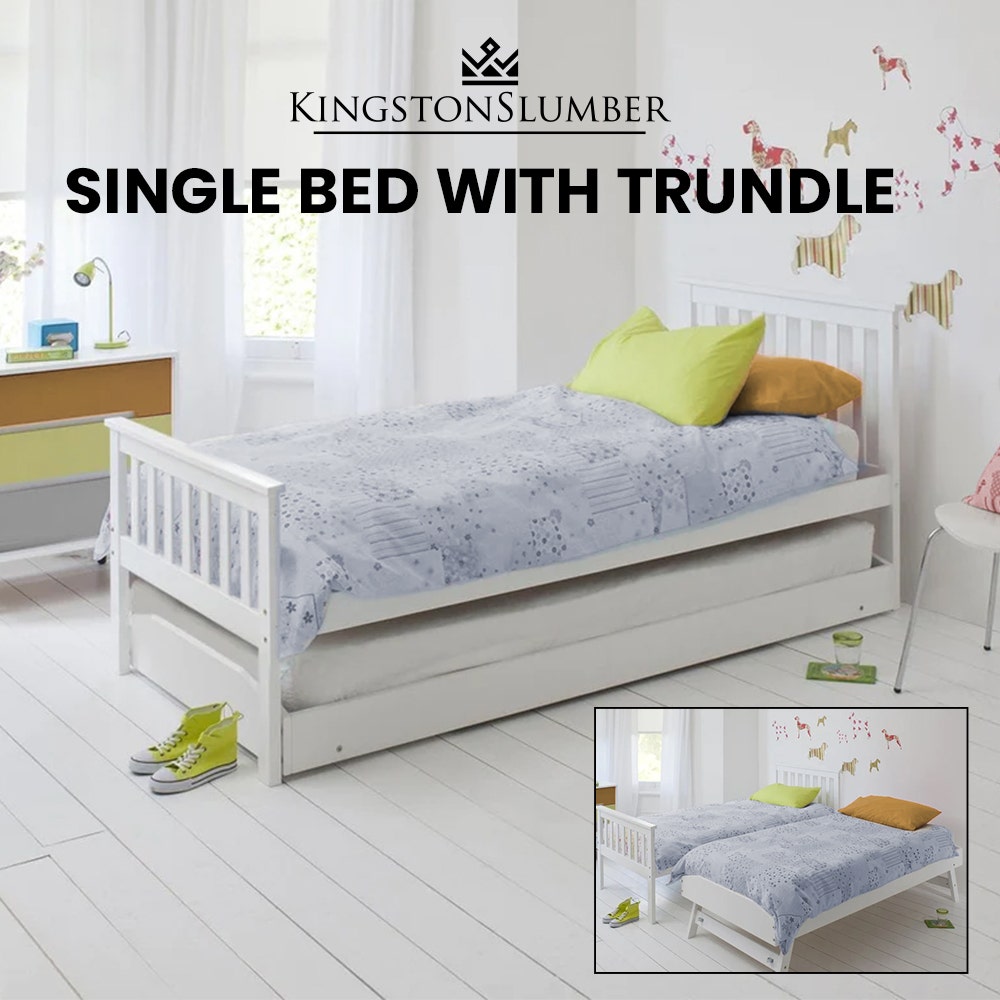 KINGSTON SLUMBER Wooden Single Bed Frame w/ Pop Up Trundle, for Kids Bedroom, White